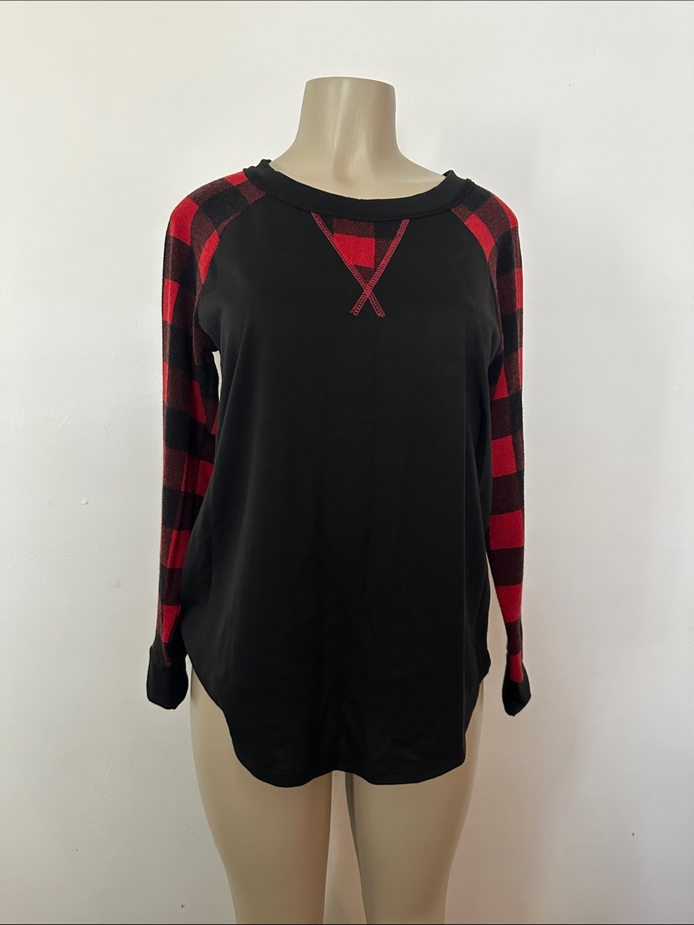 Black Long Sleeve Raglan Top with Red Buffalo Plaid Sleeves